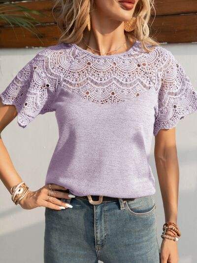 Openwork Round Neck Short Sleeve T-Shirt Women's T-Shirts - Tophatter Daily Deals