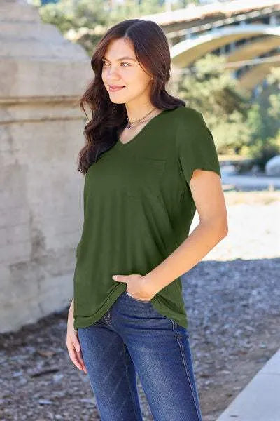 Basic Bae Full Size V-Neck Short Sleeve T-Shirt Moss Women's T-Shirts - Tophatter Daily Deals