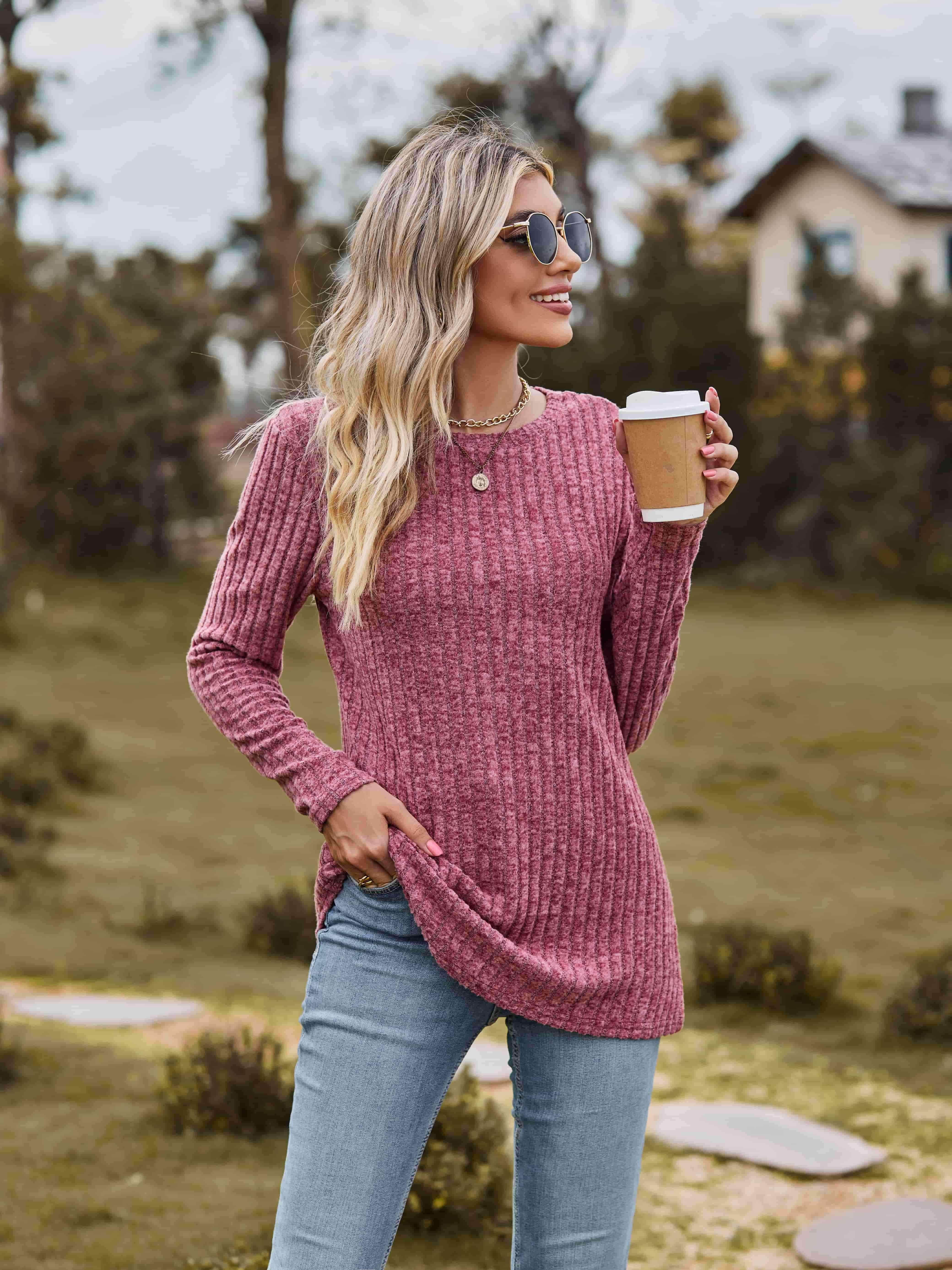 Ribbed Round Neck Long Sleeve Tee Deep Rose Women's T-Shirts - Tophatter Daily Deals