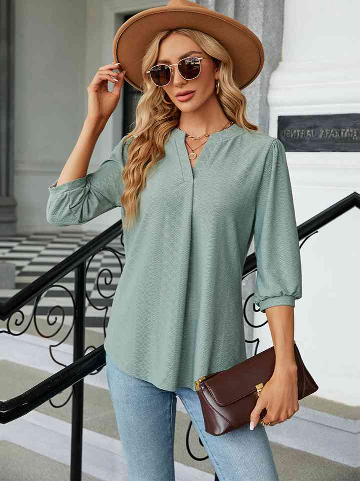 Notched Neck Three-Quarter Sleeve Blouse Gum Leaf Women's T-Shirts - Tophatter Daily Deals