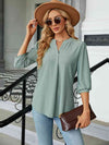 Notched Neck Three-Quarter Sleeve Blouse Gum Leaf Women's T-Shirts - Tophatter Daily Deals