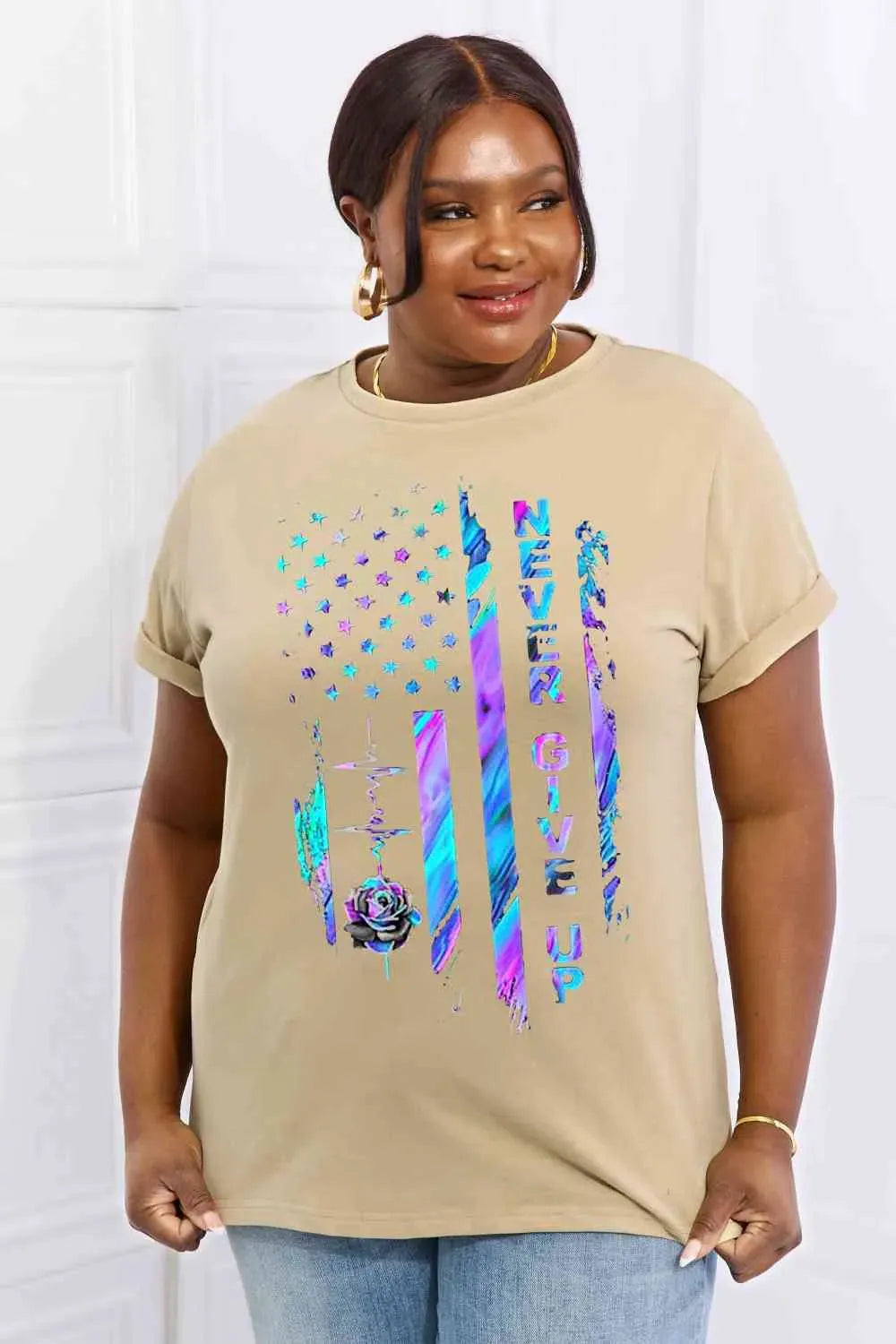 Simply Love Simply Love Full Size NEVER GIVE UP Graphic Cotton Tee Women's T-Shirts - Tophatter Daily Deals