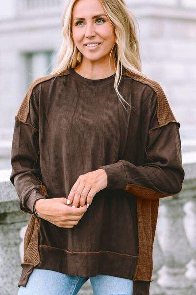 Ribbed Exposed Seam Dropped Shoulder Blouse Blouses - Tophatter Daily Deals