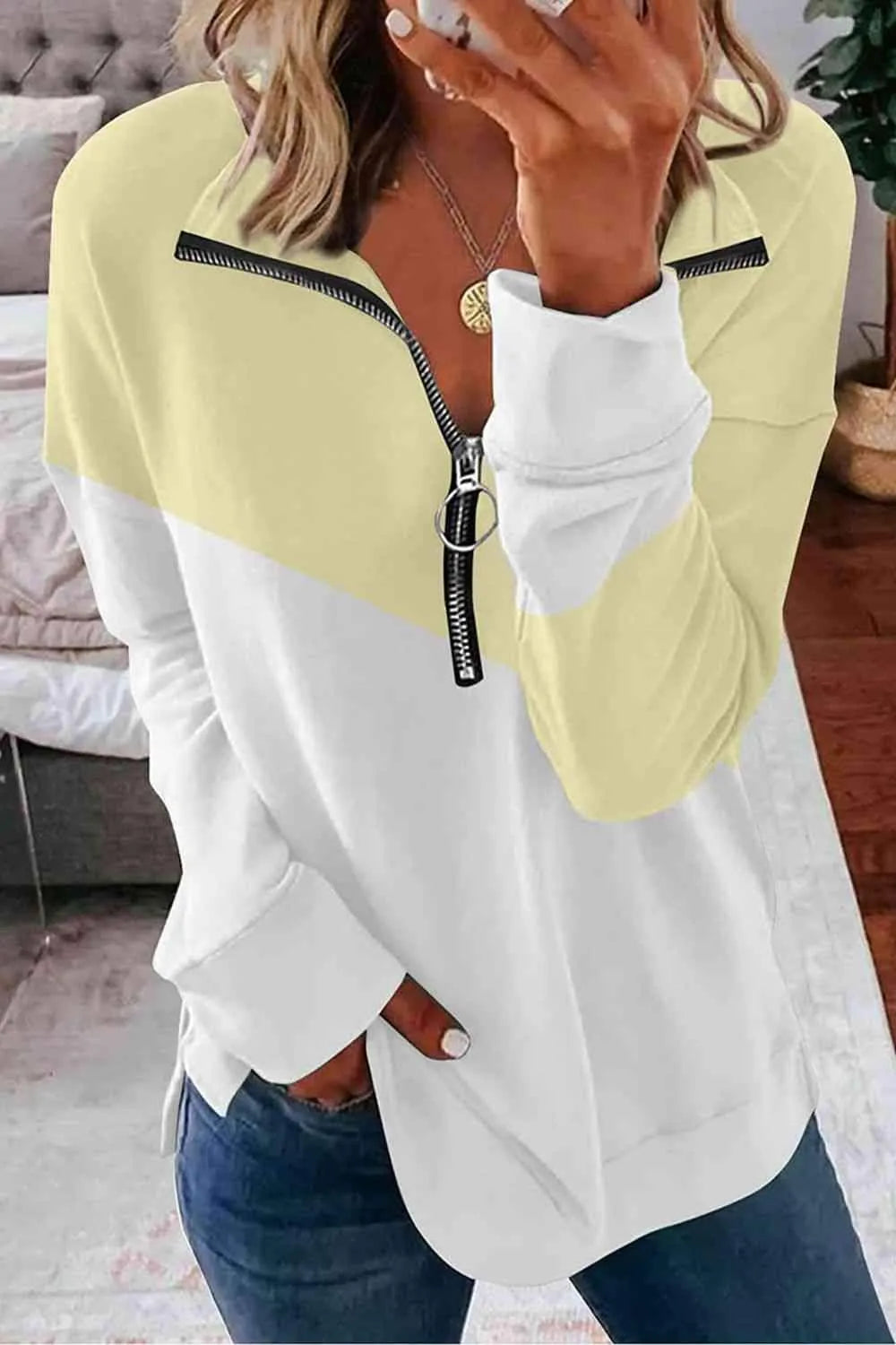 Contrast Zip-Up Collared Neck Dropped Shoulder Blouse Pastel Yellow Blouses - Tophatter Daily Deals