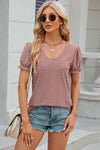 Eyelet Round Neck Flounce Sleeve T-Shirt Light Mauve Women's T-Shirts - Tophatter Daily Deals