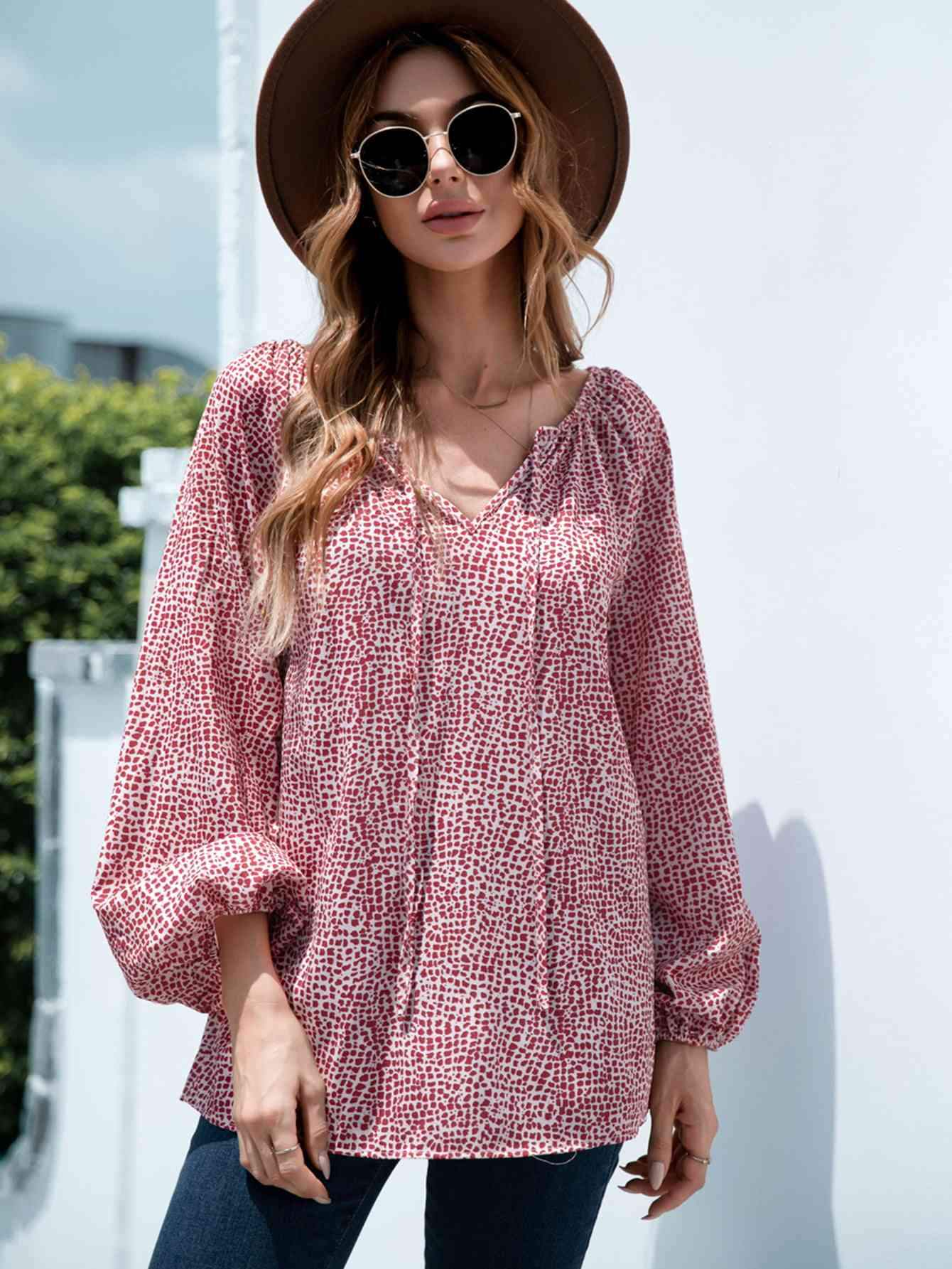 Printed Tie-Neck Balloon Sleeve Blouse Blouses - Tophatter Daily Deals