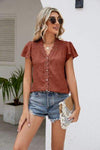 Ruffled V-Neck Button Up Cap Sleeve T-Shirt Brick Red Women's T-Shirts - Tophatter Daily Deals