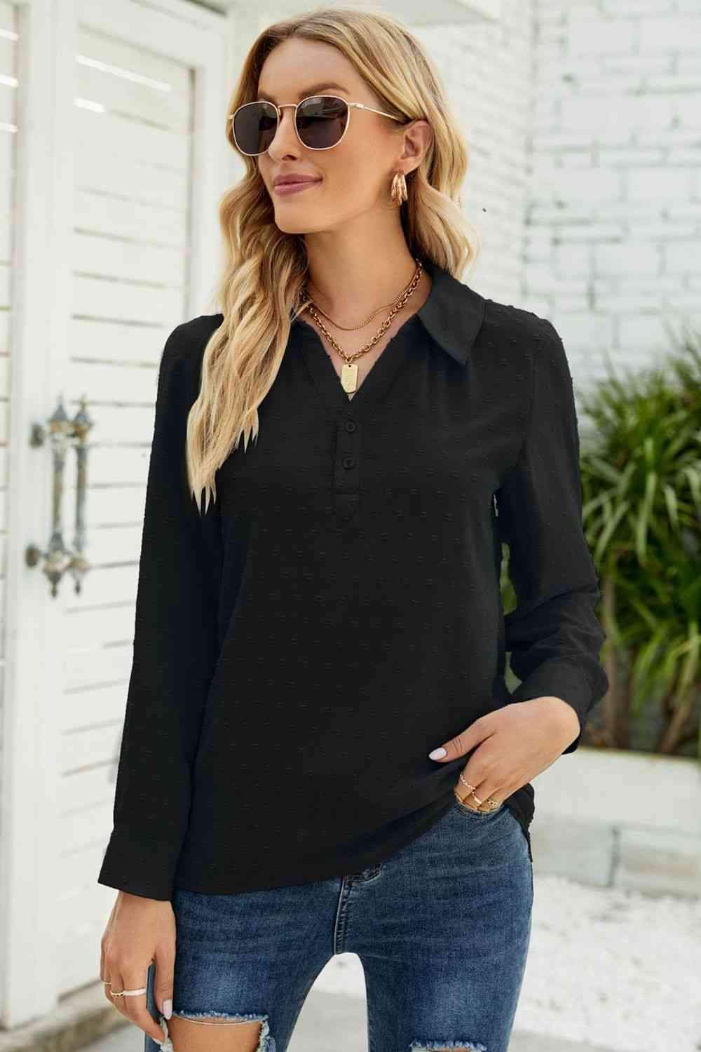 Swiss Dot Johnny Collar Blouse Black Blouses - Tophatter Daily Deals