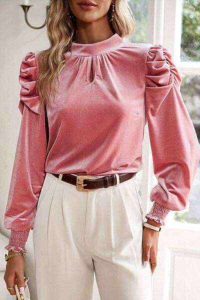 Tie Up Mock Neck Velvet Fabric Long Sleeve Blouse Blouses - Tophatter Daily Deals