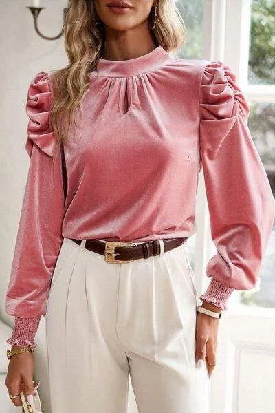 Tie Up Mock Neck Velvet Fabric Long Sleeve Blouse Blouses - Tophatter Daily Deals