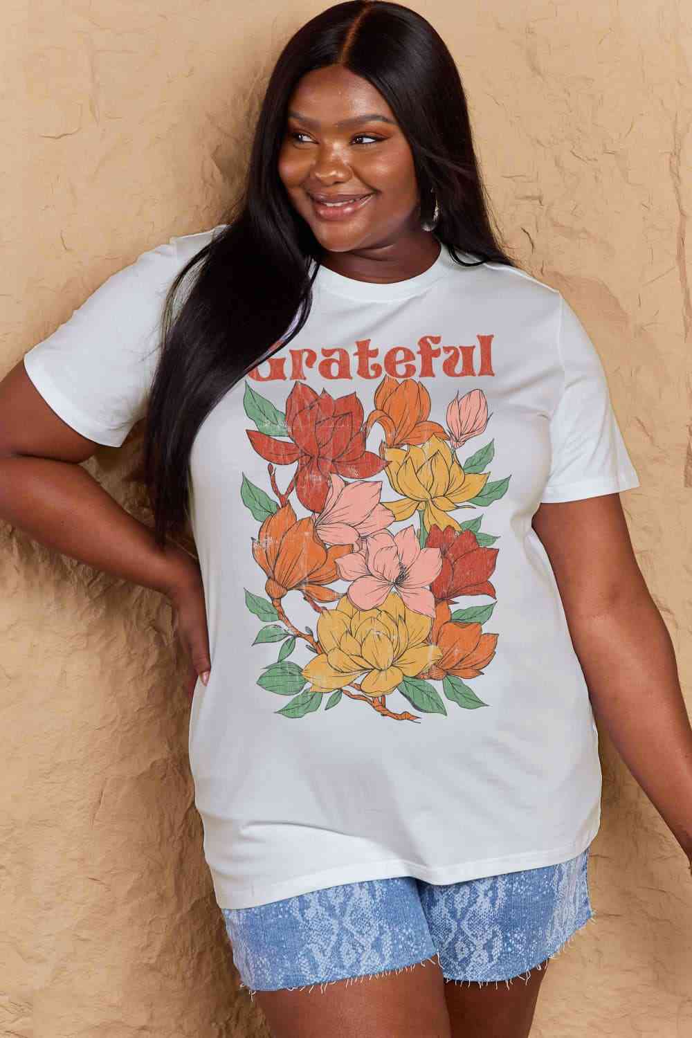 Simply Love Full Size GRATEFUL Flower Graphic Cotton T-Shirt Women's T-Shirts - Tophatter Daily Deals