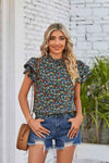 Floral Ruffle Collar Flutter Sleeve Blouse Turquoise Blouses - Tophatter Daily Deals