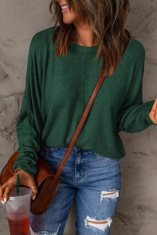 Seam Detail Round Neck Long Sleeve Top Women's T-Shirts - Tophatter Daily Deals