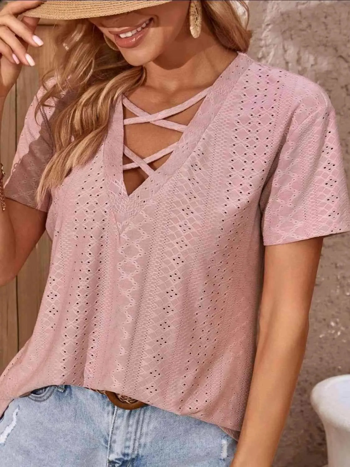 Crisscross V-Neck Eyelet Top Women's T-Shirts - Tophatter Daily Deals
