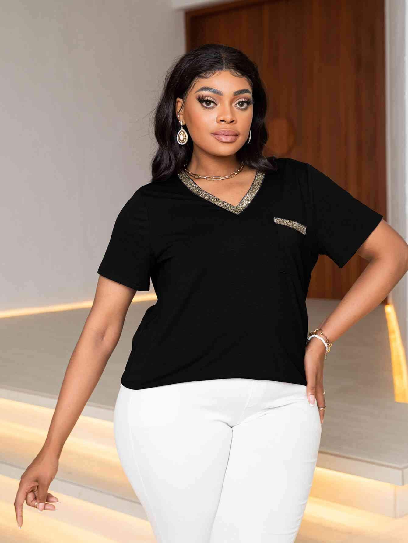 Plus Size Glitter V-Neck Short Sleeve Tee Shirt Black Women's T-Shirts - Tophatter Daily Deals