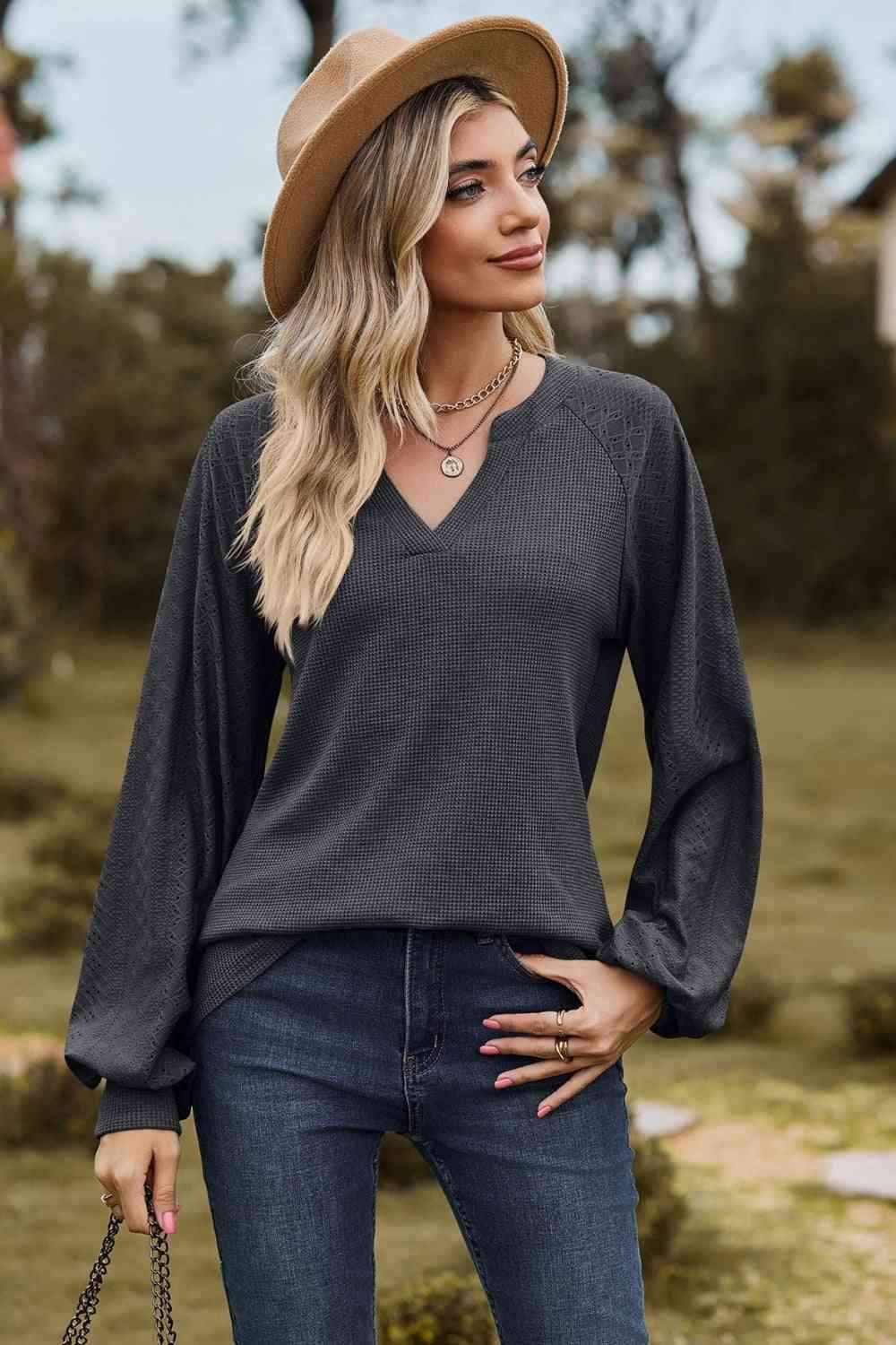 Notched Neck Raglan Sleeve Blouse Charcoal Blouses - Tophatter Daily Deals