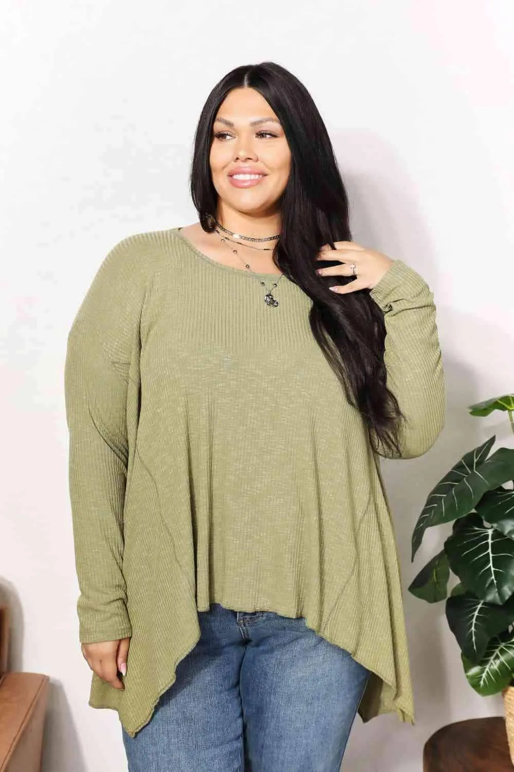HEYSON Full Size Oversized Super Soft Rib Layering Top with a Sharkbite Hem and Round Neck Mist Green Blouses - Tophatter Daily Deals