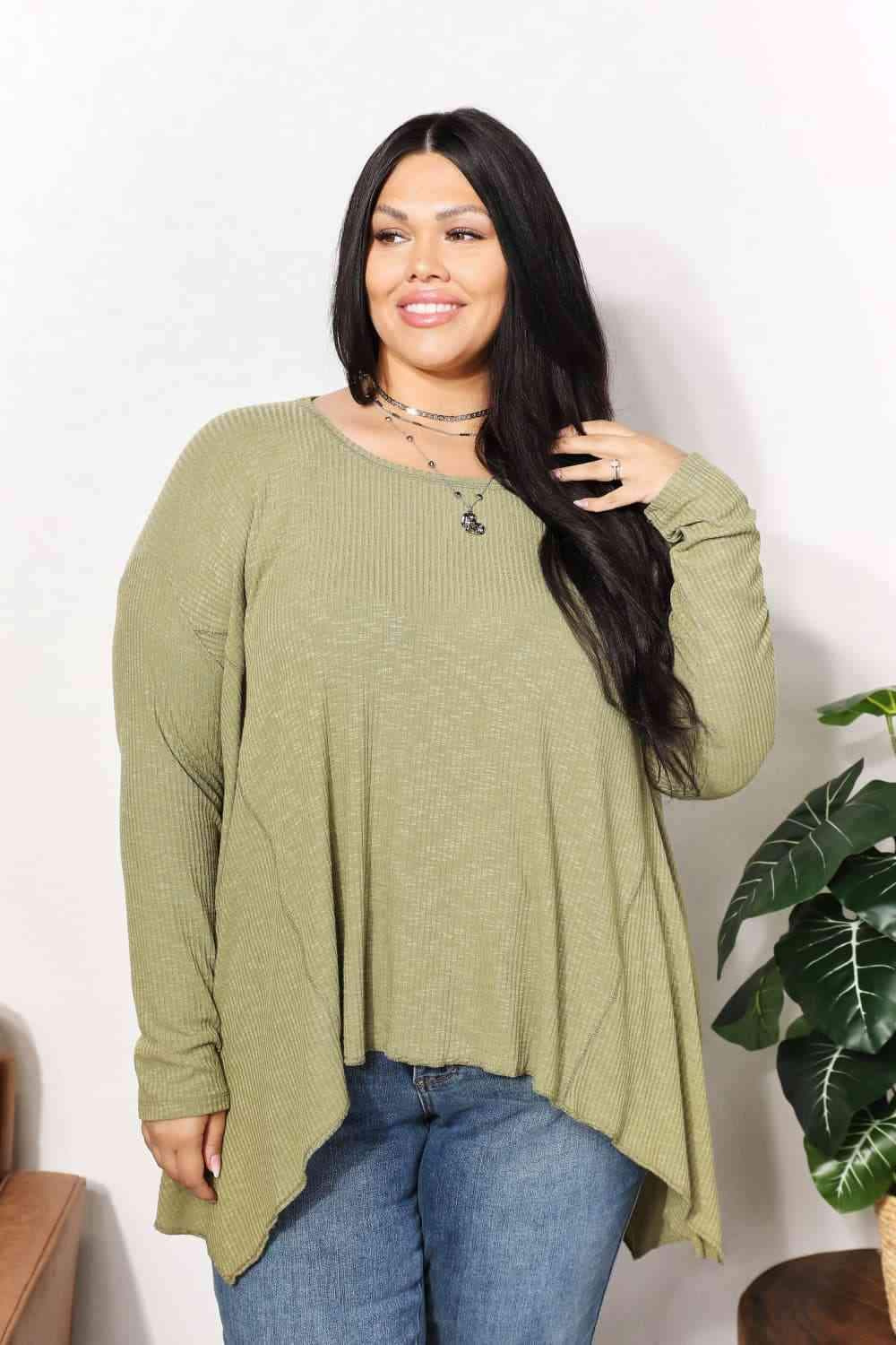 HEYSON Full Size Oversized Super Soft Rib Layering Top with a Sharkbite Hem and Round Neck Blouses - Tophatter Daily Deals