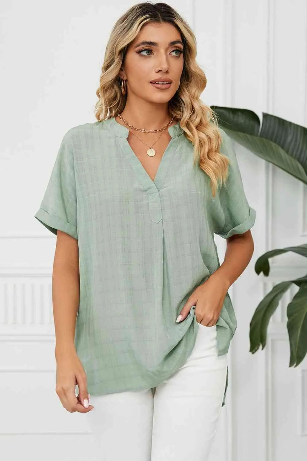 Side Slit Notched Neck Cuffed Short Sleeve Blouse Blouses - Tophatter Daily Deals