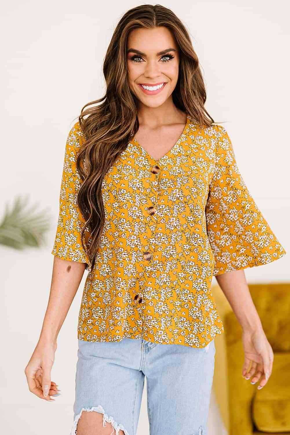 Printed Button Front Flare Sleeve Blouse Mustard Blouses - Tophatter Daily Deals