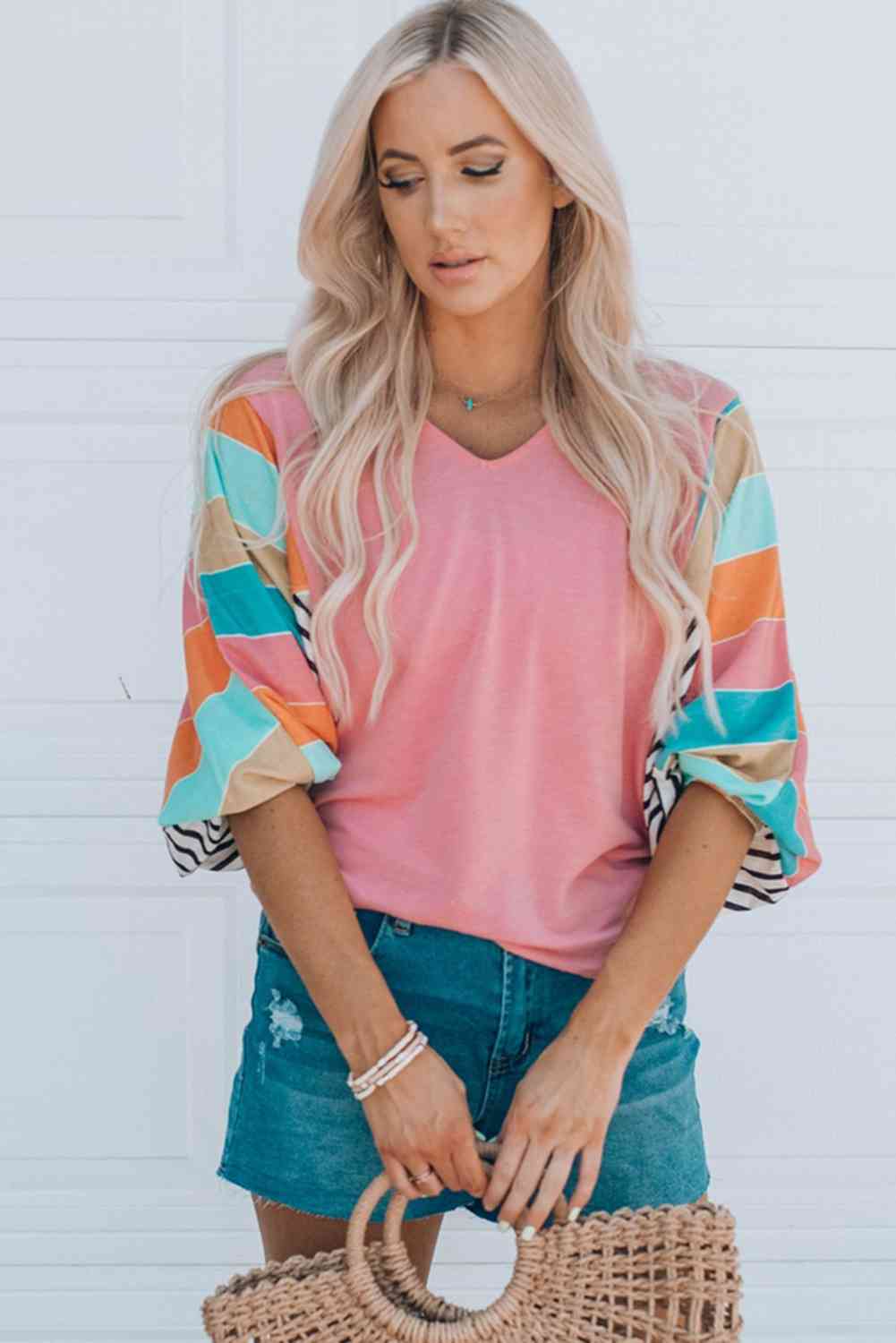 Striped Dolman Sleeve V-Neck Top - Tophatter Deals