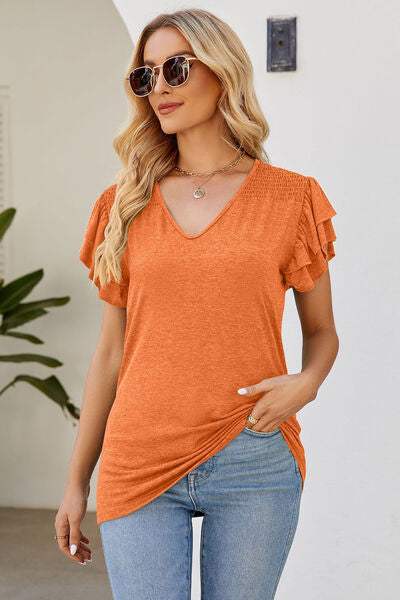 Ruffled V-Neck Flutter Sleeve T-Shirt Pumpkin Women's T-Shirts - Tophatter Daily Deals