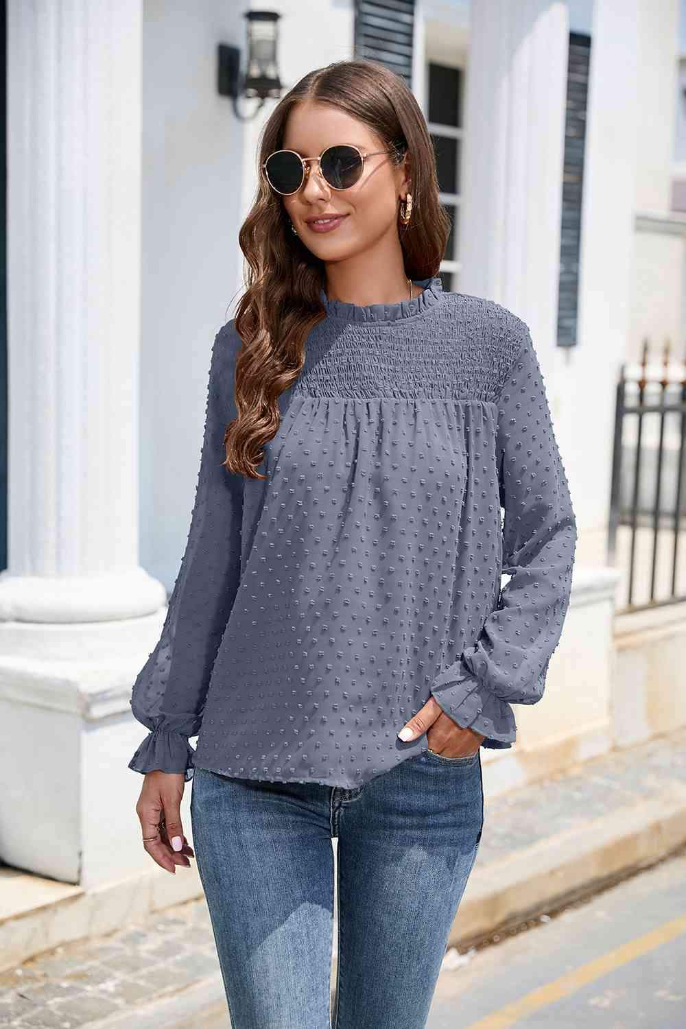 Smocked Mock Neck Swiss Dot Top Blouses - Tophatter Daily Deals