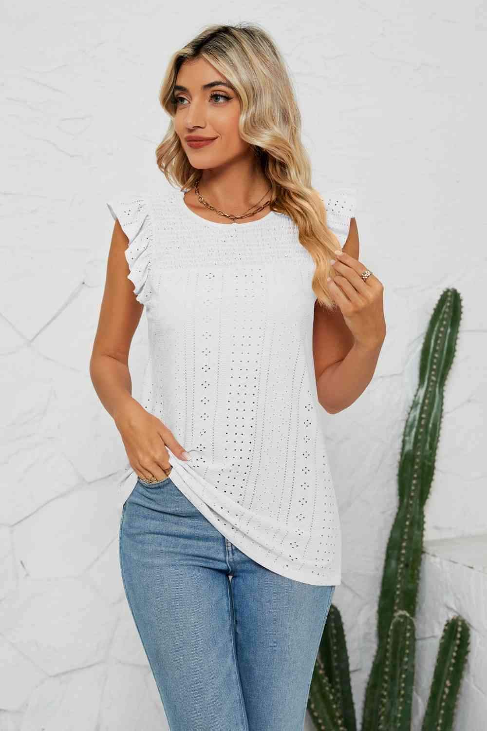 Smocked Round Neck Eyelet Top White Blouses - Tophatter Daily Deals