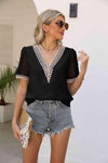 Contrast V-Neck Swiss Dot Top Blouses - Tophatter Daily Deals