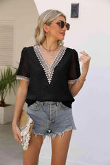 Contrast V-Neck Swiss Dot Top Blouses - Tophatter Daily Deals