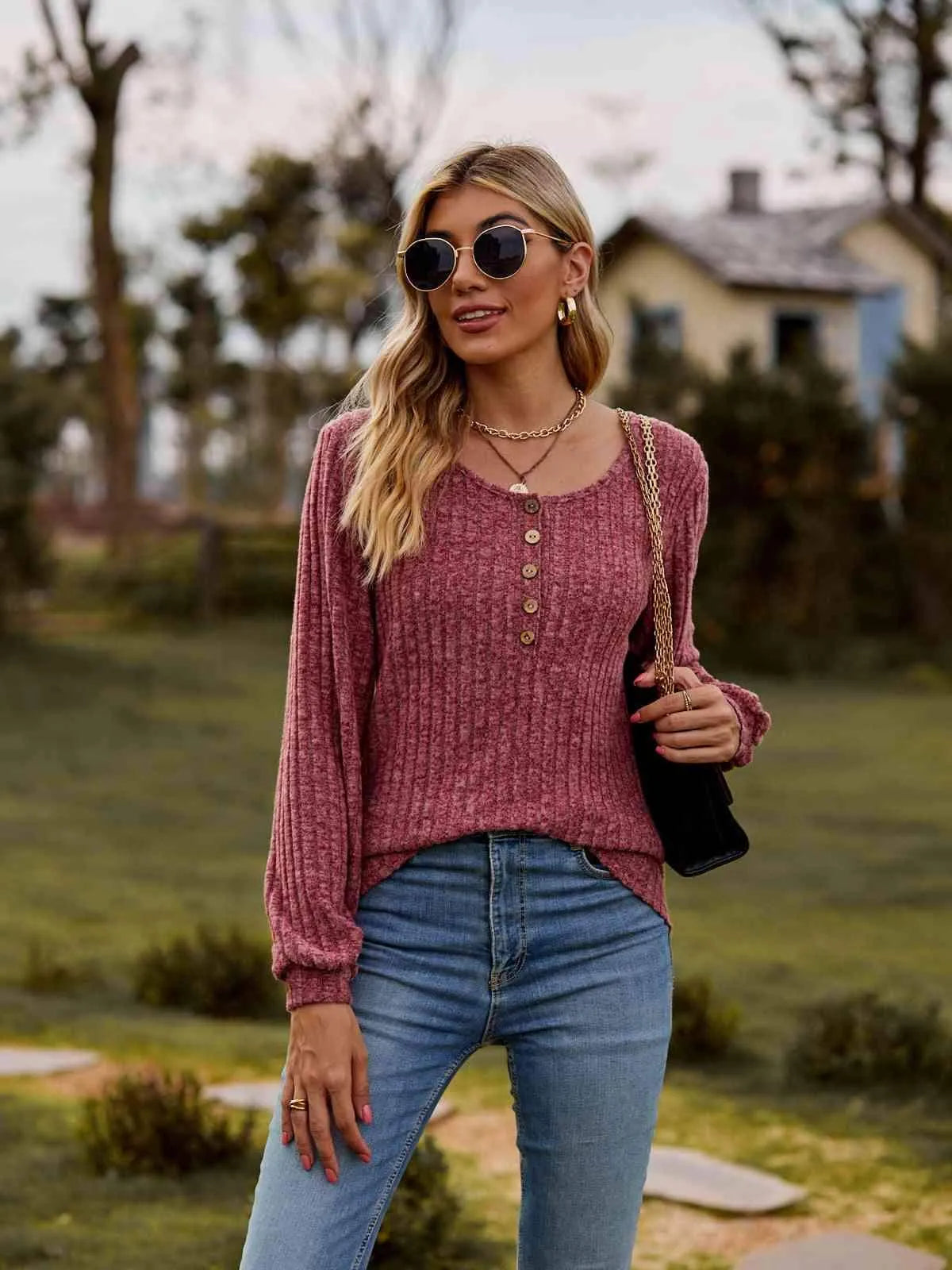 Round Neck Button-Down Long Sleeve Tee Women's T-Shirts - Tophatter Daily Deals