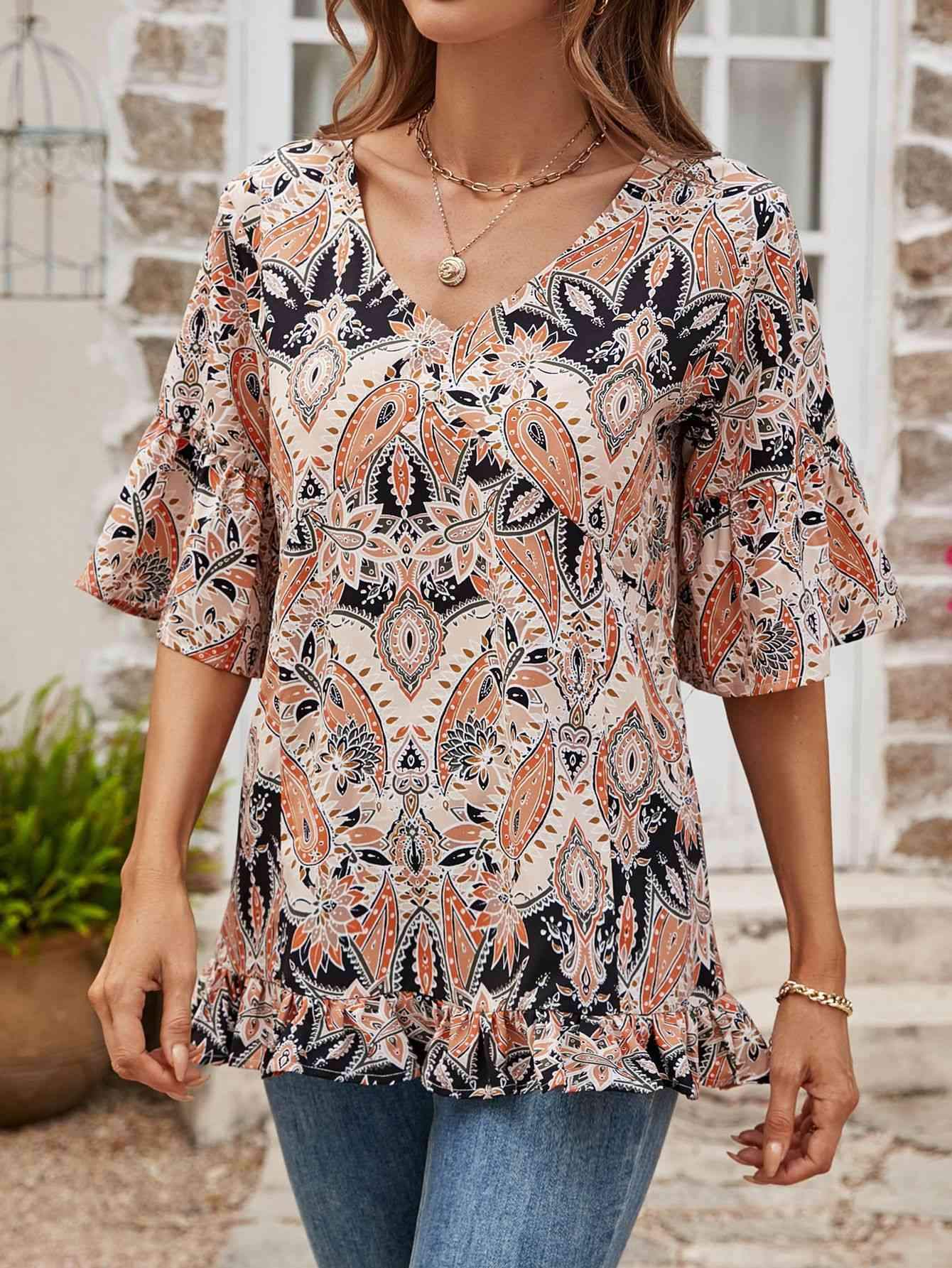 Printed Flounce Sleeve Ruffle Hem Blouse Blouses - Tophatter Daily Deals