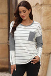 Pocketed Striped Round Neck T-Shirt Women's T-Shirts - Tophatter Daily Deals