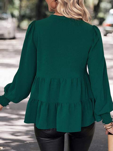 Notched Neck Lantern Sleeve Blouse Blouses - Tophatter Daily Deals