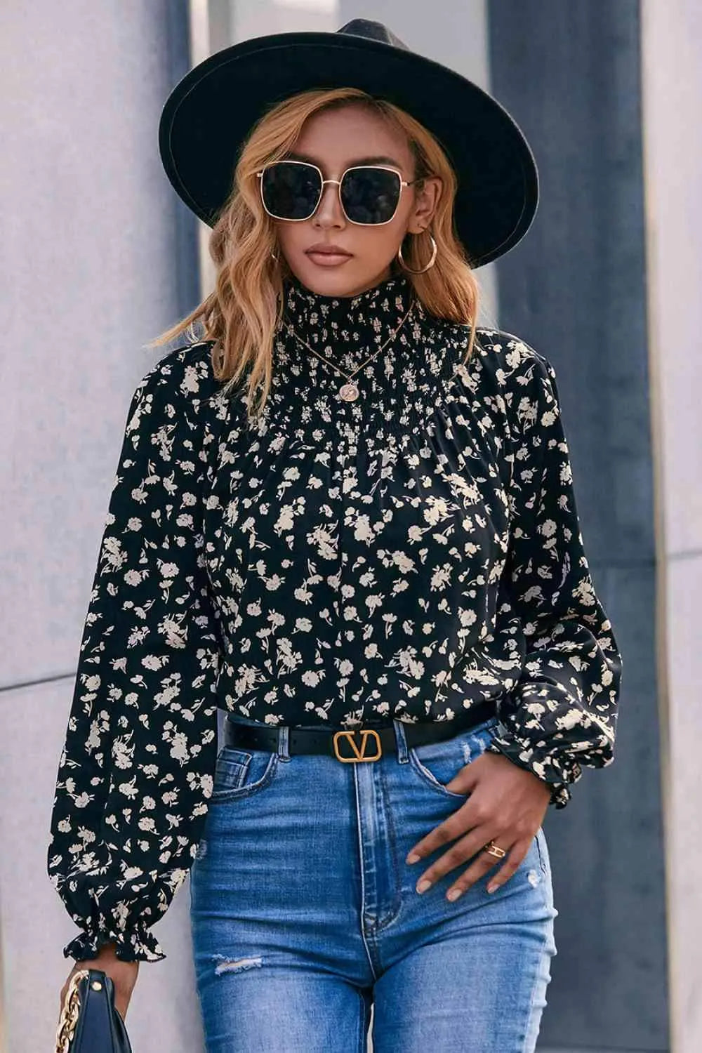 Floral Mock Neck Blouse Blouses - Tophatter Daily Deals