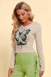 Butterfly Graphic Long Sleeve Cropped Top Women's T-Shirts - Tophatter Daily Deals