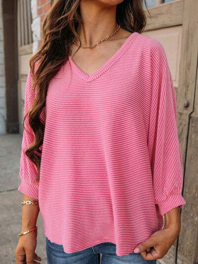 Striped V-Neck Raglan Sleeve T-Shirt Carnation Pink Women's T-Shirts - Tophatter Daily Deals