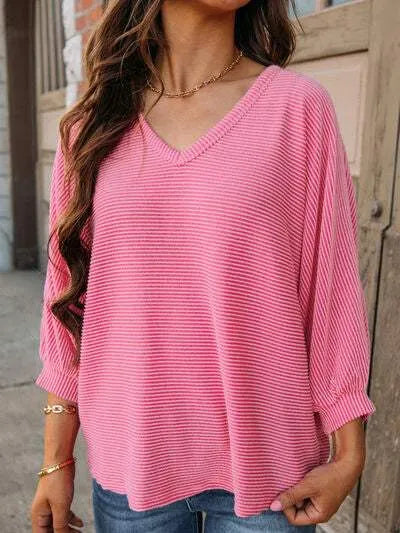 Striped V-Neck Raglan Sleeve T-Shirt Carnation Pink Women's T-Shirts - Tophatter Daily Deals