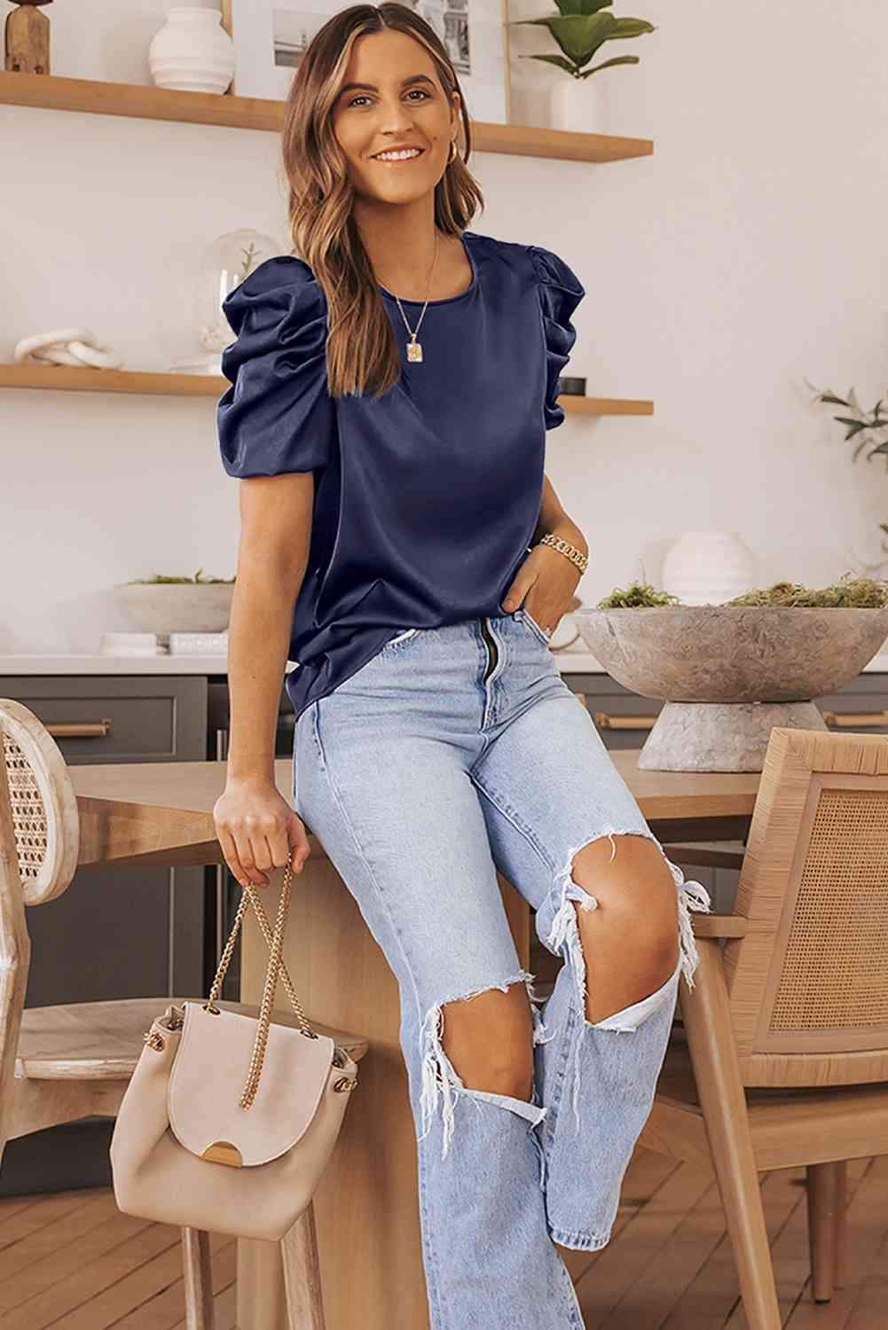 Puff Sleeve Round Neck Blouse Blouses - Tophatter Daily Deals