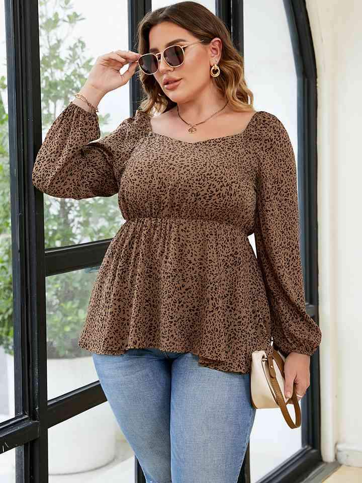 Plus Size Leopard Square Neck Long Sleeve Blouse Blouses - Tophatter Daily Deals