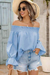 Off-Shoulder Flare Sleeve Smocked Neck Blouse Blouses - Tophatter Daily Deals