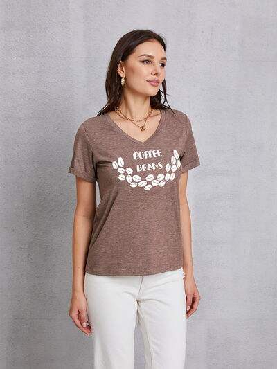 COFFEE BEANS V-Neck Short Sleeve T-Shirt Mocha Women's T-Shirts - Tophatter Daily Deals