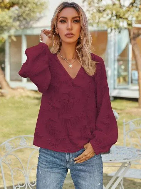 V-Neck Long Sleeve Blouse Wine Blouses - Tophatter Daily Deals