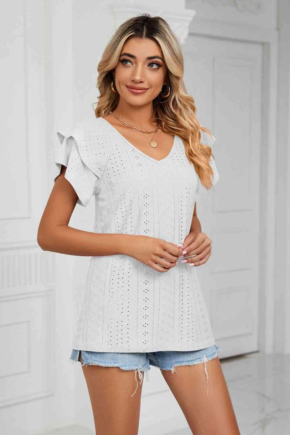 Eyelet Layered Flutter Sleeve V-Neck Knit Top Blouses - Tophatter Daily Deals