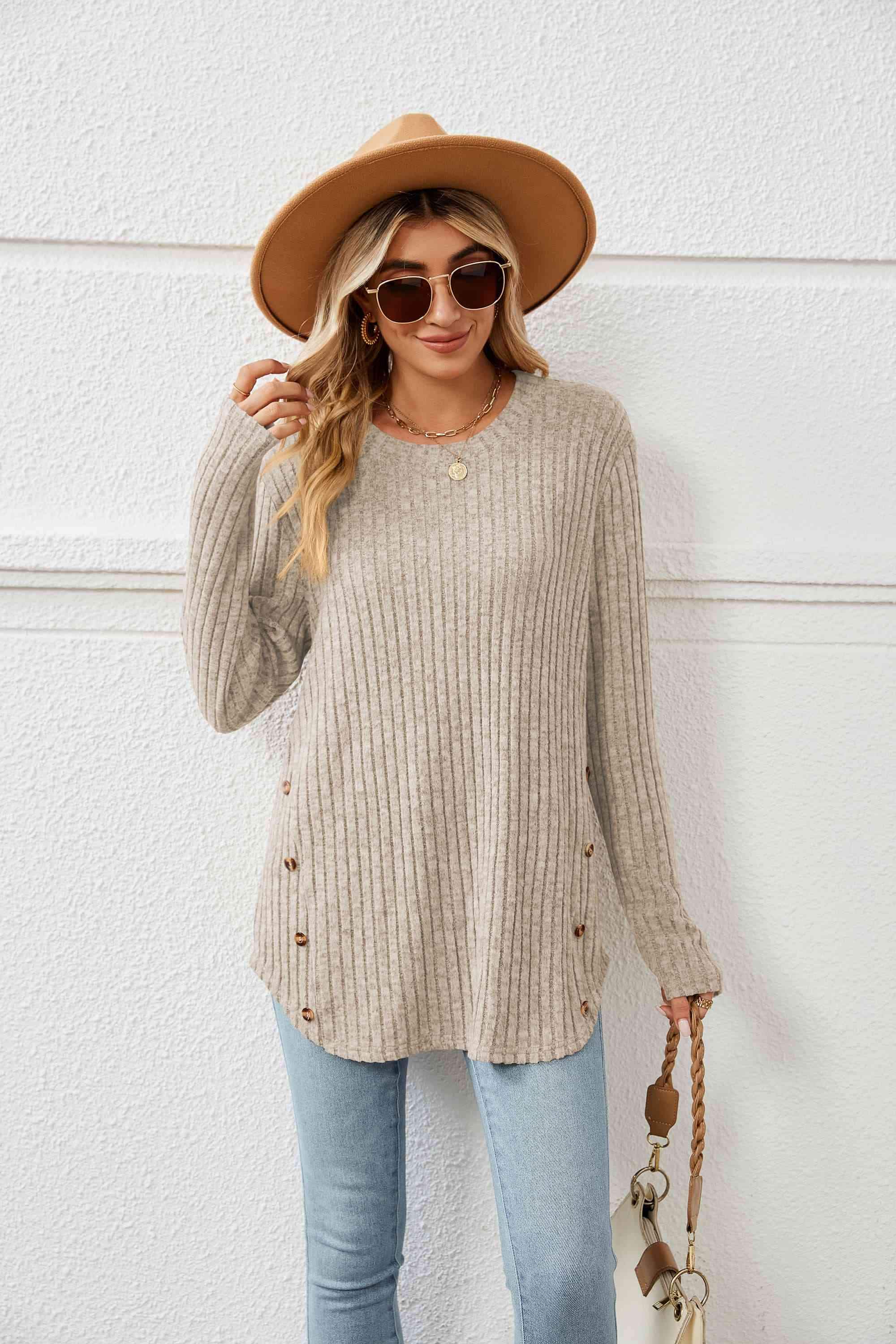 Round Neck Ribbed Long Sleeve T-Shirt Women's T-Shirts - Tophatter Daily Deals