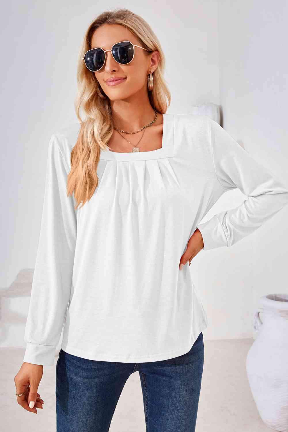 Square Neck Ruched Long Sleeve Blouse White Blouses - Tophatter Daily Deals