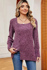Decorative Button Square Neck T-Shirt Fuchsia Women's T-Shirts - Tophatter Daily Deals