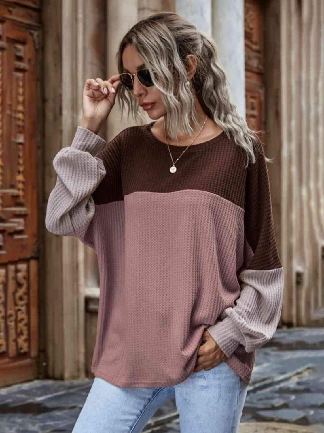 Color Block Waffle-Knit Long Sleeve Top Women's T-Shirts - Tophatter Daily Deals