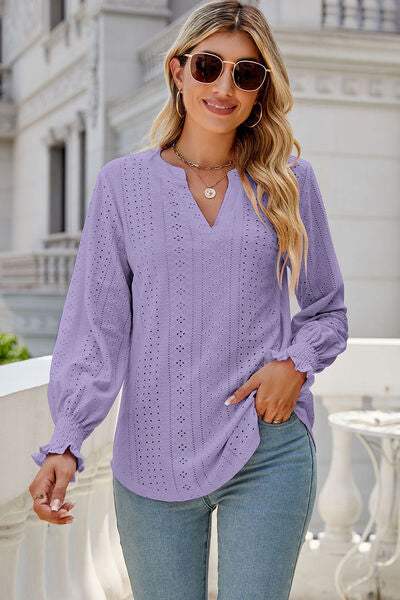 Eyelet Notched Lantern Sleeve T-Shirt Women's T-Shirts - Tophatter Daily Deals