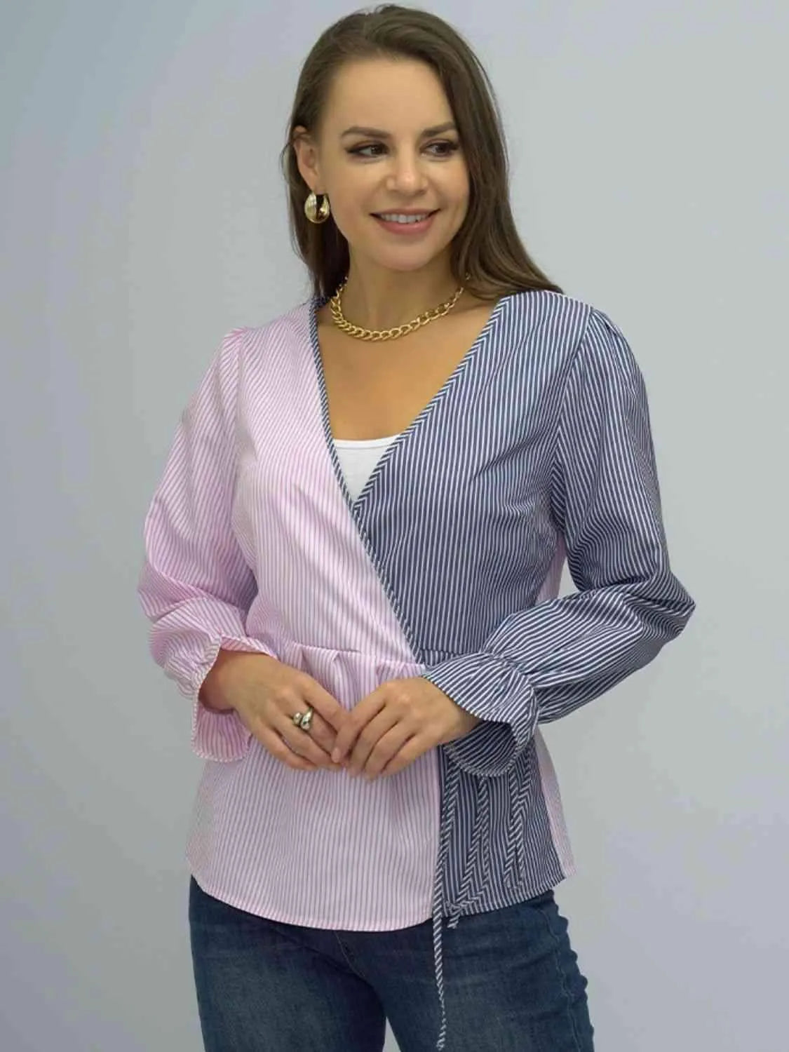 Surplice Neck Striped Long Sleeve Blouse Stripe Blouses - Tophatter Daily Deals